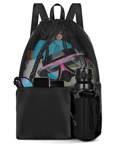 BROTOU Swim Bag Beach Backpack with Wet Pocket Mesh Drawstring Bags for Swimming, Gym - color: Black