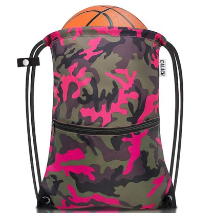draw string back bag, Large Gym Sports string backpack for men and women with front zipper pocket and inside zipper pocket to keep key or phone(Pinkgreen camo) - color: Pink Green Camo, style: Drawstring With Front Pocket
