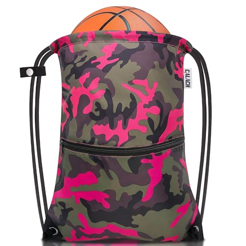 draw string back bag, Large Gym Sports string backpack for men and women with front zipper pocket and inside zipper pocket to keep key or phone(Pinkgreen camo) - color: Pink Green Camo, style: Drawstring With Front Pocket