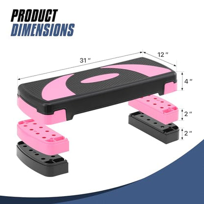 MADOG Aerobics Stepper Platform with 4/6/8 inch Height Stackable Risers - color: Black/Pink, size: 31-Inch