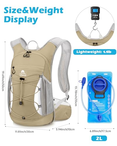 Hydration Backpack with 2L Water Bladder - Lightweight 15L Daypack with Phone-Sized Hip Belt Pockets, Anti-Chafe Cotton Edging & No-Bounce Straps - Small Water Backpack for Hiking, Running, Skiing - color: Khaki
