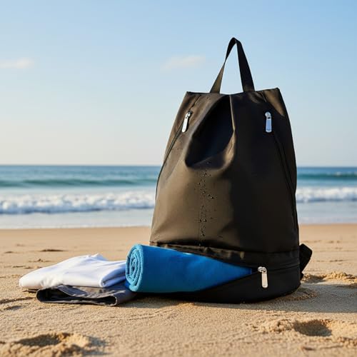 Foldable Gym Backpack with Wet/Dry Separation, Water-Resistant Oxford Sports Bag for Travel & Commute - color: Black