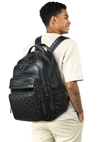 Bluome Work Backpack for Women Men, Laptop Vegan Leather Backpack Purse with 15.6–17 Inch Laptop, Multi-Pocket Bookbag for Office Travel Gym Weekend Overnight Bag, Black - color: Black