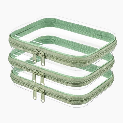 3-PCS Medium Clear Hard Shell Zipper Pouches, Clear Zipper Bags (3M, Green) - color: Green, size: 3M