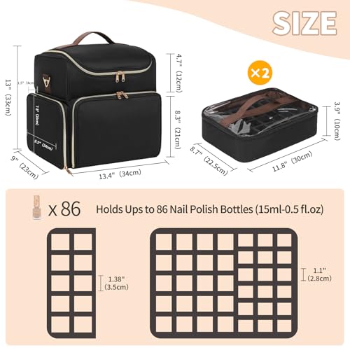 CUBETASTIC Extra Large Nail Polish Organizer Case Holds 86 to 100+ Bottles Nail Polish & Nail Lamp, Nail Supplies Storage Carrying Bag with 2 Removable Pouches - color: Heavy Duty Black
