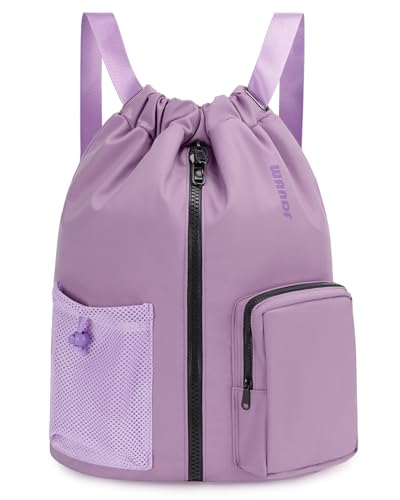 WANDF Drawstring Backpack Sports Gym Bag with Shoes Compartment, Water-Resistant String Beach Sackpack Swim Bag for Women and Men (Lilac Purple) | with Shoes Compartment - color: Lilac Purple