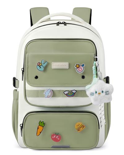 LOVEVOOK School Backpack for Teen Girl, Cute Bookbag with Large Bottle Holder, Lightweight Elementary Middle High School Student Backpack Fits 15.6 Inch Laptop, Back to Schools Kid Gift, Green-Cream - color: Sage Green - Cream, size: 15.6 Inch