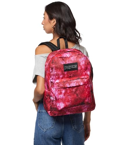 JanSport SuperBreak Plus Backpack with Padded 15-inch Laptop Sleeve and Integrated Bottle Pocket - Spacious and Durable Daypack for Work and Travel, Afflicted Dyed Red/White/Black - color: Afflicted Dyed Red/White/Black