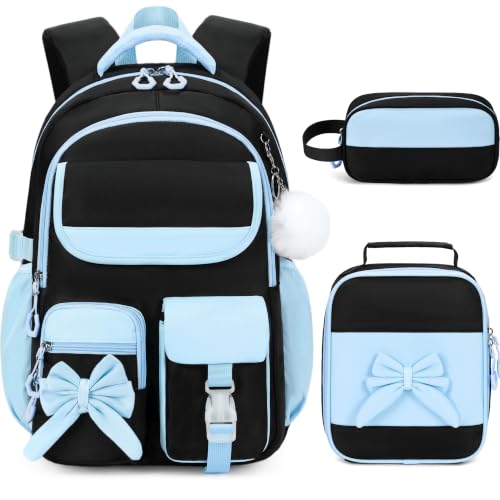 Kids Backpack for Girls, 3PCS School Backpack Set with Insulated Lunch Box & Pencil Case, Waterproof Lightweight Bookbag for Elementary & Middle School, Cute Bow Travel Daypack Black-Blue - color: Black-blue
