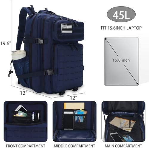Sparklekle Military Tactical Backpack 45L 3 Day Assault Pack Waterproof Molle Hiking Rucksack for Men and Women (Blue) - color: Navy, size: 45L