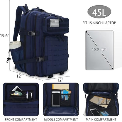 Sparklekle Military Tactical Backpack 45L 3 Day Assault Pack Waterproof Molle Hiking Rucksack for Men and Women (Blue) - color: Navy, size: 45L