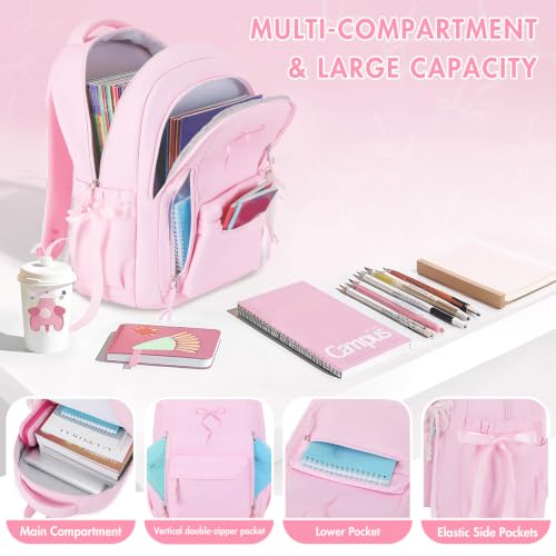 Kids Backpack for Girls - 3PCS Cute Embroidered Bow Girls Backpack with Insulated Lunch Bag & Pencil Case - Bookbag for Teen Women Middle High School College Work Travel Daypack - color: Pink