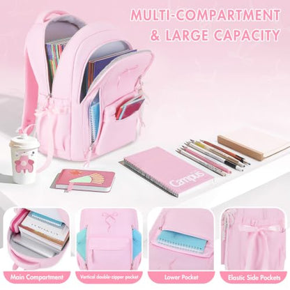 Kids Backpack for Girls - 3PCS Cute Embroidered Bow Girls Backpack with Insulated Lunch Bag & Pencil Case - Bookbag for Teen Women Middle High School College Work Travel Daypack - color: Pink