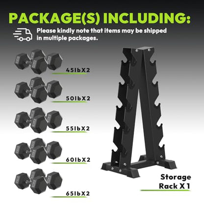 HANDBODE Hex Dumbbell Sets with Rack, 100-165 lb Rubber Encased Dumbbells for Strength Training, Exercise & Fitness, Home Gym Weight Set with Rack - style: 550 lb (45, 50, 55, 60, 65 lb) X 2 & Rack