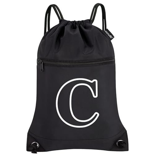 HOLYLUCK Drawstring Bags Initial Backpack Sackpack Cinch Bags for Sports, Gym, Travel, Beach(Black-C) - color: Black-c