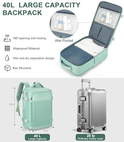 RDTGO Travel Backpack For Women,Personal Item Travel Bag Fits 17" Laptop,Flight Approved Carry-On Backpack, Hiking Backpack,Waterproof Outdoor College Casual Daypack (Green) - color: Green