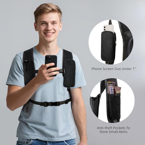 Small Hiking Backpack with Detachable Front Phone Holder, Foldable Packable Back pack with Chest and Waist Strap, Lightweight Daypack for Women Men (Black, 15L) - color: Black