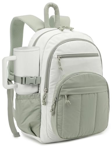 Backpack for Women, Quilted Laptop Bookbag with Pouch Pockets for College Work Travel Gym Teacher Nurses, Puffer High School Backpack for Girls, Beige Green - color: Beige Green, size: 15.6in