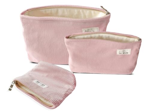 HAPPYHEIDI Corduroy Makeup Bag Set 3 w Pocket Cosmetic Toiletry Travel Pouch Purse Organizer, 3-Size, Soft Creamy Pink - color: Creamy Pink Corduroy Set of 3 - w Compartment