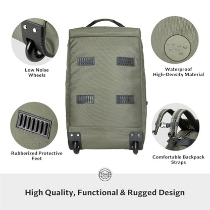 STOVER 45/80/100L Carry-On Rolling Duffel Bag with Wheels, Medium Durable Travel Duffle w/Toiletry Bag, Packable, Foldable with Shoulder Straps- Use as Luggage or Backpack, Men/Women (Green) - color: Green