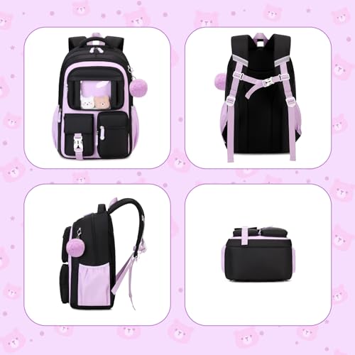 PIG PIG GIRL Kids Backpack for Girls School Bags for Middle School Students Book Bag for Elementary Primary Kawaii Ita Backpack, Black and Purple - color: Black and Purple