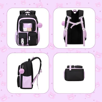 PIG PIG GIRL Kids Backpack for Girls School Bags for Middle School Students Book Bag for Elementary Primary Kawaii Ita Backpack, Black and Purple - color: Black and Purple