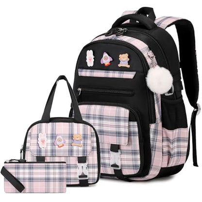 3PCS School Backpack for Girls, Girls Backpack with Lunch Box, Pencil Case, Cute Kawaii Plaid Book Bag for Teen Girl Kindergarten Elementary Preschool Middle High School, Black Pink - color: Black