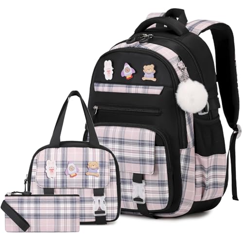 3PCS School Backpack for Girls, Girls Backpack with Lunch Box, Pencil Case, Cute Kawaii Plaid Book Bag for Teen Girl Kindergarten Elementary Preschool Middle High School, Black Pink - color: Black