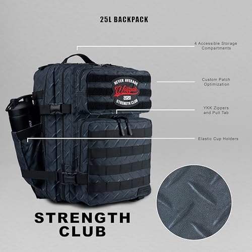 WOLFpak 25L Athletic Gym Backpack (Strength Club) Durable 1000D Waterproof Oxford Material w/MOLLE Webbing, Laptop Pocket & Dual Cup Holders, Durable Fitness/Travel/Military Daypack - color: Strength Club