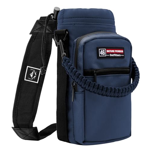 NATURE PIONEOR Water Bottle Holder with Adjustable Strap - 26/32/36/40/46/64oz Insulated Water Bottle Sling Carrier with Paracord Handle & 2 Pockets, Outdoor Sports, Hiking, Camping, Gym - color: Navy, size: 40-46oz
