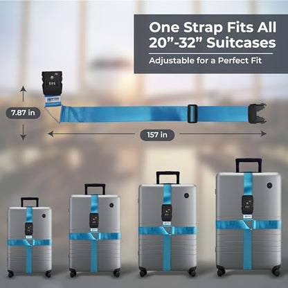 Nylon Luggage Straps for Suitcases | TSA Approved Adjustable Strap w/ 3-Digit Combo Lock | Heavy Duty Belt for 20-32 Inch Suitcases | Travel Luggage Belt Strap for Easy Identification (Neon Blue) - color: Neon Blue