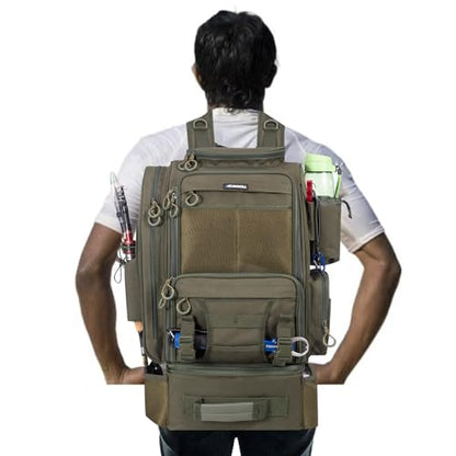BLISSWILL Large Fishing Backpack with Cooler for 3 Tackle Boxes - Fishing Bag with Rod Holders for Camping and Hiking - color: Army Green