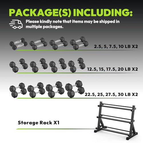 HANDBODE 3-Tier Dumbbell Rack Stand, 1000LB Capacity Storage Rack, Weight Rack for Dumbbells, Kettlebell, 390–700 lb Rubber Coated Fixed Weight Sets, Home Gym Strength Training Equipment - color: 390 lb Set (2.5-30 lb) *2 & Rack