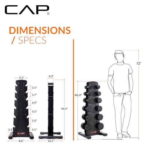 CAP Rubber Coated Hex Dumbbell Set with Storage Rack | 100–210 lb Options, Space-Saving Vertical Compact Storage for Home Gym Strength Training - size: 210 lb - Set - Black Rack, style: 12-Sided Chrome Handle