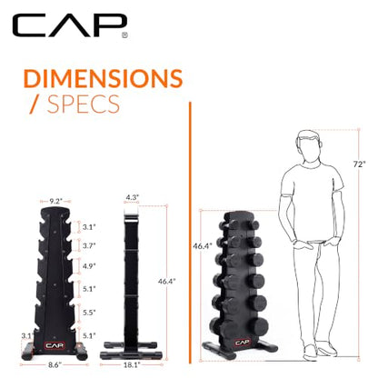 CAP Rubber Coated Hex Dumbbell Set with Storage Rack | 100–210 lb Options, Space-Saving Vertical Compact Storage for Home Gym Strength Training - size: 210 lb - Set - Black Rack, style: 12-Sided Chrome Handle