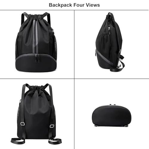 Drawstring Backpack Gym Bag with Shoes Compartment, Dry and Wet Separation