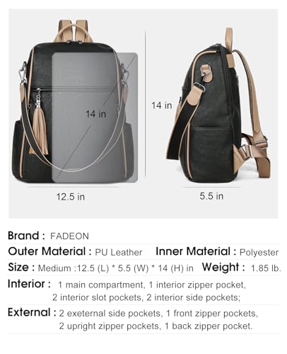 FADEON Womens Backpack Purse Large Designer PU Leather Laptop Backpacks, Ladies Computer Shoulder Bags (2 Retro Black contrast Brown, Medium (14-in Height)) - color: 2 Retro Black Contrast Brown, size: Medium (14-in Height)