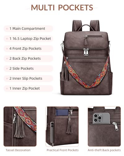 SYTRAH Leather Laptop Backpack for Women Designer Laptop Bag, 16.5 inch Travel Computer Backpacks Purse with Tassel for Work Business with Satchel Purse Dark Coffee - color: Dark Coffee