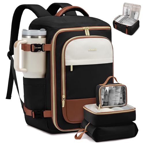 LOVEVOOK 40L Travel Backpack Carry on Flight Approved,Personal Item Bag with 3 Packing Cubes, Travel Backpack Bag for Women Fits 17" Laptop, Water-resistant Carry On Backpack for Airplanes - color: Black & Brown, size: 40L-4PCS