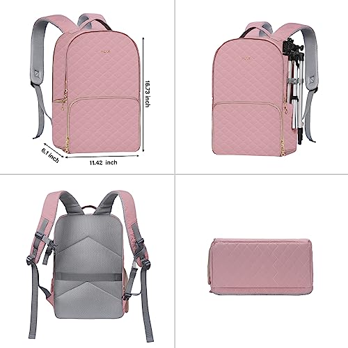 MOSISO Camera Backpack with Rain Cover, DSLR/SLR/Mirrorless Rhombus Quilted Camera Bag for Photographers with Tripod Holder&15-16 inch Laptop Compartment Compatible with Canon/Nikon/Sony, Cameo Pink
