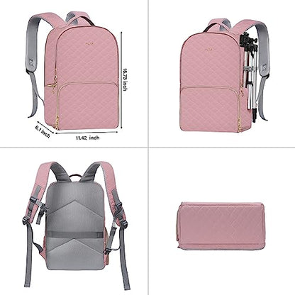 MOSISO Camera Backpack with Rain Cover, DSLR/SLR/Mirrorless Rhombus Quilted Camera Bag for Photographers with Tripod Holder&15-16 inch Laptop Compartment Compatible with Canon/Nikon/Sony, Cameo Pink