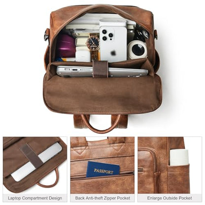 Shrrie 15.6 inch Laptop Backpack for Women,Large Leather Backpack Purse,Travel,Carry on,Water Resistant Casual Laptop Backpacks,College Backpack,Work Backpack for Women,Two-toned Brown - color: Two-toned Brown