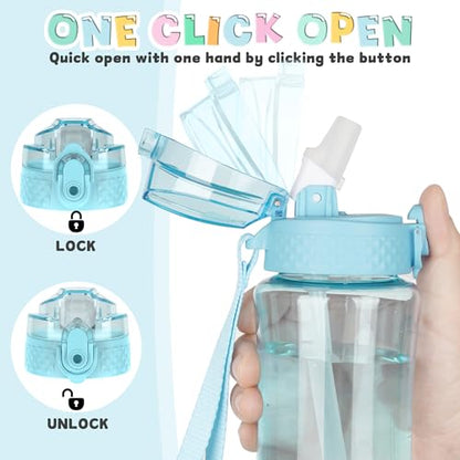 OLDLEY 12oz Kids Water Bottle, Tritan BPA-Free, Leakproof Flip Straw Lid, Motivational Time Marker, Carry Strap, Reusable Clear Water Bottle for Boys & Girls,Cerulean - color: Cerulean, style: 12 Ounces