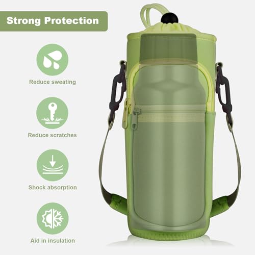 Water Bottle Holder with Strap, Water Bottle Carrier Bag with Phone Pocket, Shoulder Hand Strap Insulated Neoprene 32/40 oz Water Bottle Sleeve for Walking Hiking Camping Gym - color: 7 GREEN, size: under 32oz