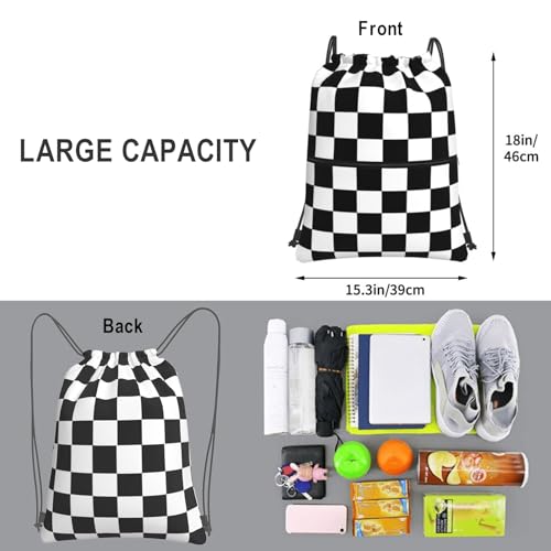 Checkerboard Drawstring Bags, Outdoor Sports Black White Race Cinch String Bag, Waterproof Gym Drawstring Backpack, Men Women Large Capacity Cinch Sackpack with Zippered Pocket - color: Checkerboard