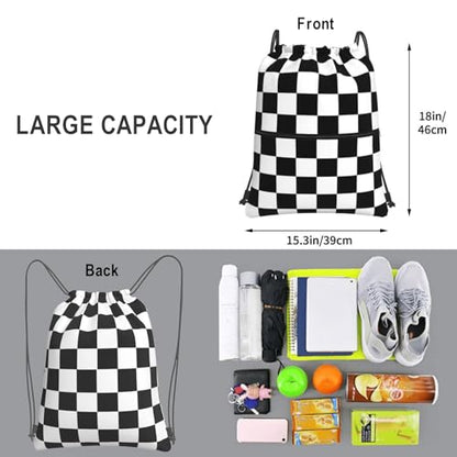 Checkerboard Drawstring Bags, Outdoor Sports Black White Race Cinch String Bag, Waterproof Gym Drawstring Backpack, Men Women Large Capacity Cinch Sackpack with Zippered Pocket - color: Checkerboard
