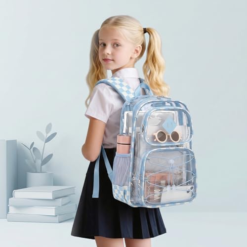 Clear Backpacks for Girls Women, Heavy Duty PVC Transparent Back Pack See Through Boys Kids Clear Bookbags for School - Checkered Sky Blue - color: Checkered Sky Blue