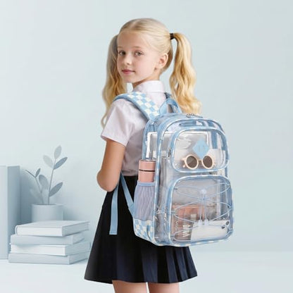 Clear Backpacks for Girls Women, Heavy Duty PVC Transparent Back Pack See Through Boys Kids Clear Bookbags for School - Checkered Sky Blue - color: Checkered Sky Blue