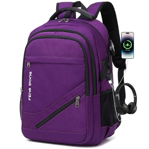 FENGDONG Durable Waterproof Travel Large Laptop Backpack 17.3 inch,College Backpack Bookbag for Men & Women Business Backpack with USB Charging Port and Headset Port Purple - color: A1-purpie