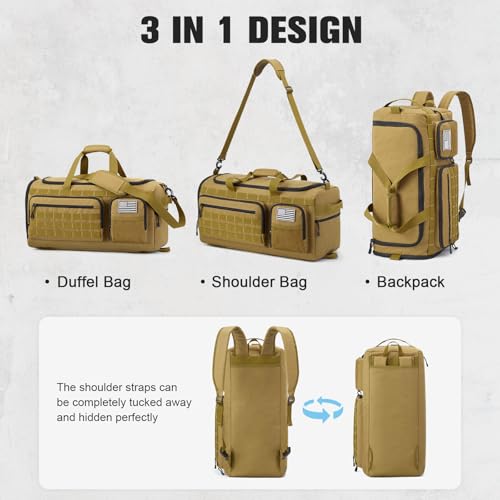 G4Free 3-in-1 Travel Duffle Bag for Men and Women, 50L Large Gym Sports Bags Tactical Military Duffle Backpack with Shoes Compartment and Wet Pocket (Khaki) - color: Khaki